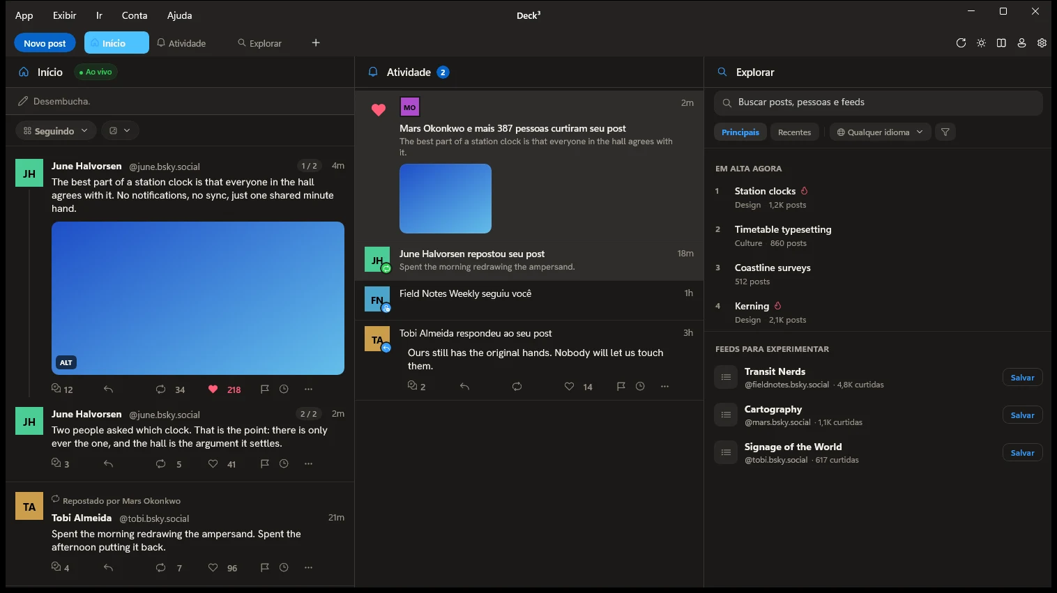 O Deck³ no Windows, com Início, Atividade e Explorar lado a lado e ao vivo.