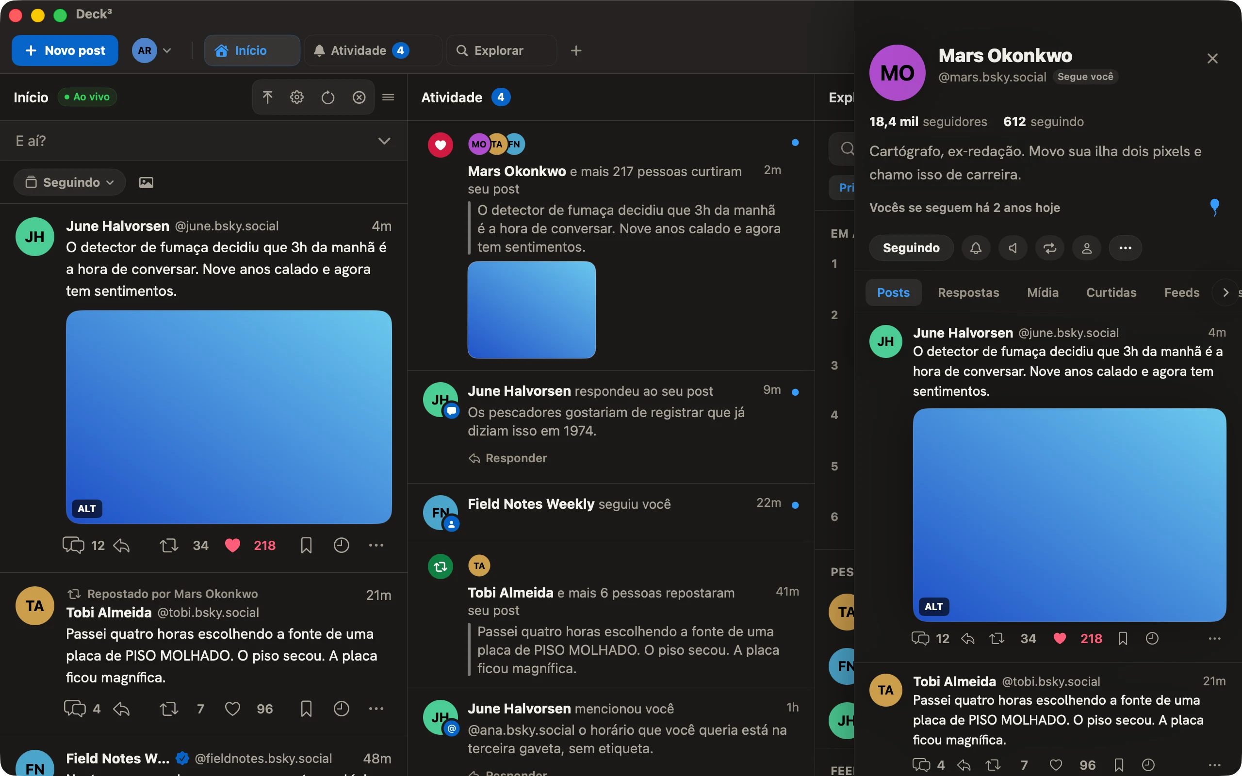 Um perfil aberto sobre o deck, com posts, respostas e mídia.