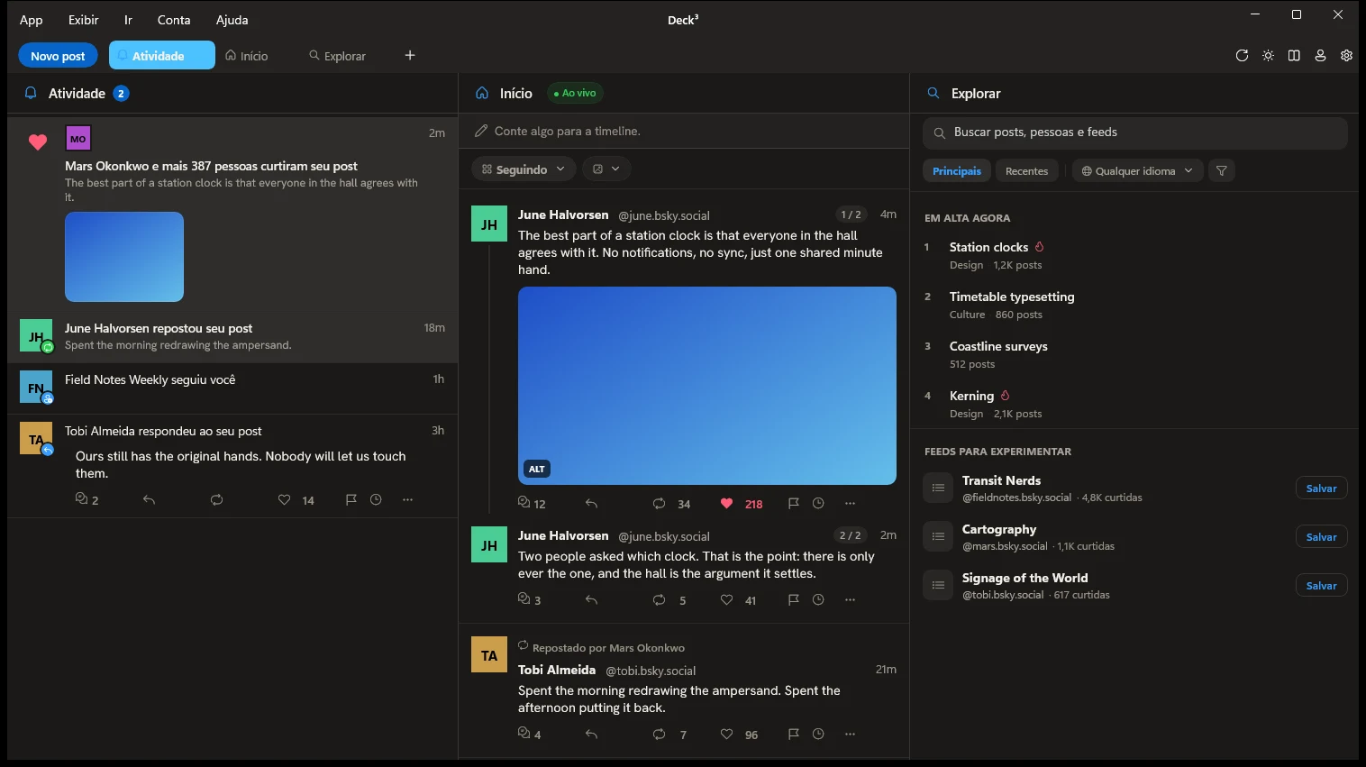 A Atividade como primeira coluna: curtidas, reposts, seguidores e respostas.