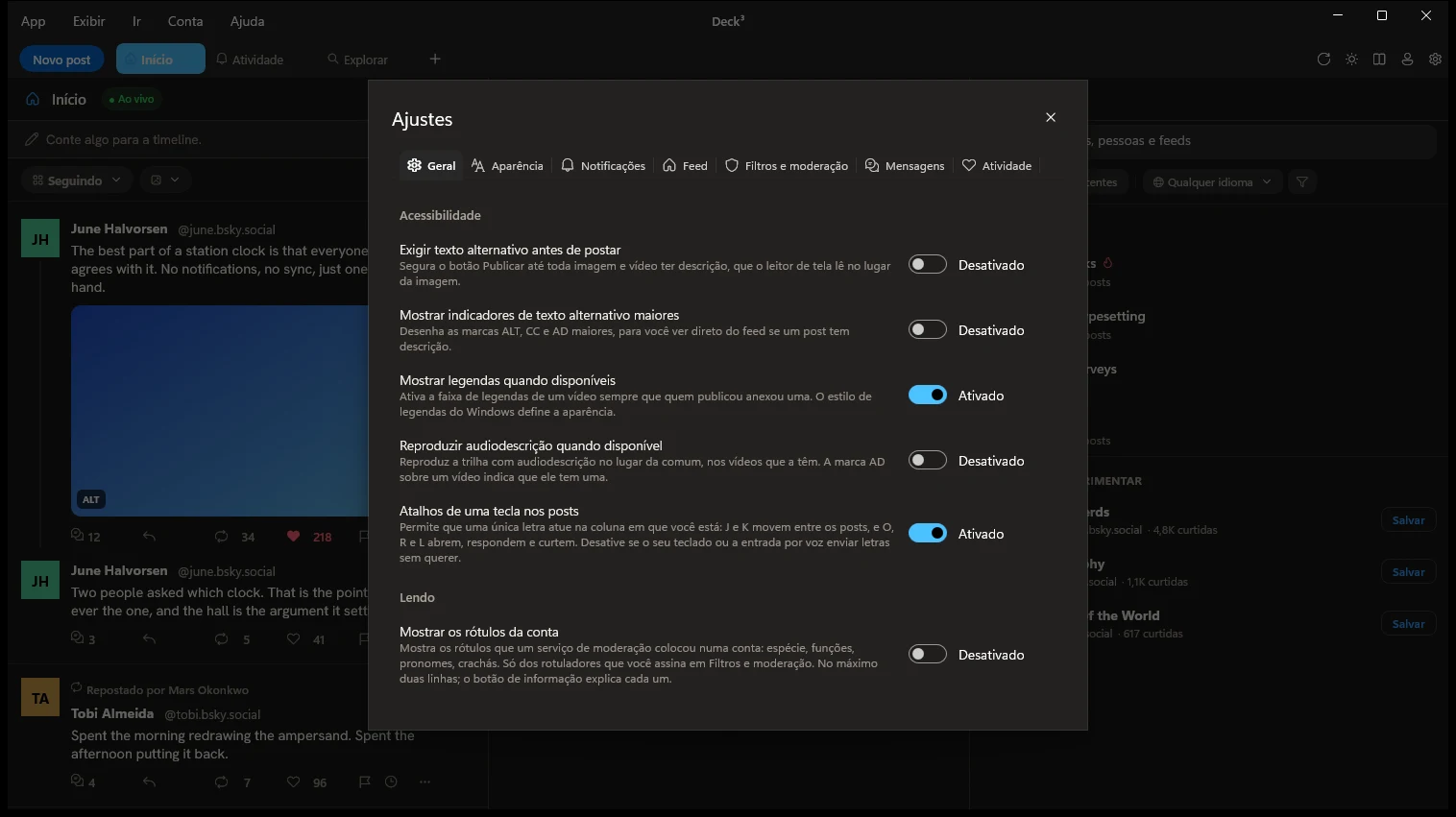 As configurações: exigir ALT, legendas em vídeo e atalhos de uma tecla só.